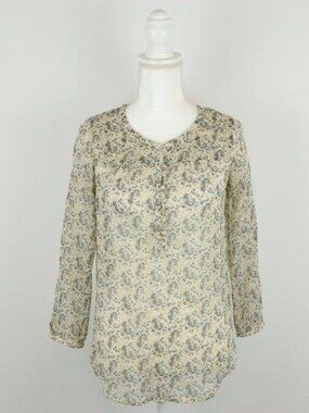 Lucky Brand Women's Small Cream Blue Floral Semi Sheer Crepe Long Sleeve Blouse